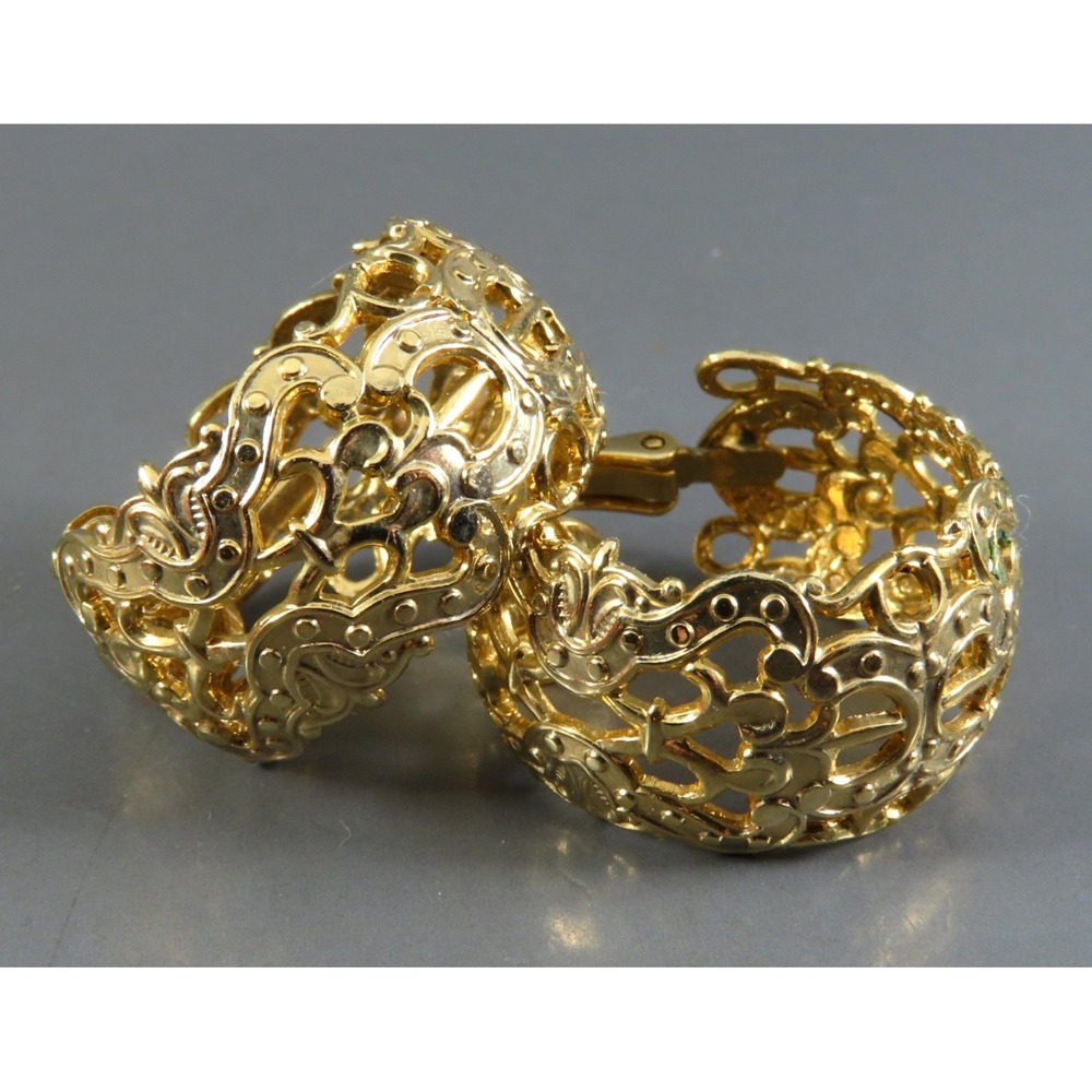 Vintage LH LEWIS SEGAL Clip-On Hoop Earrings GOLD TONE FILIGREE Floral/Scrolls
